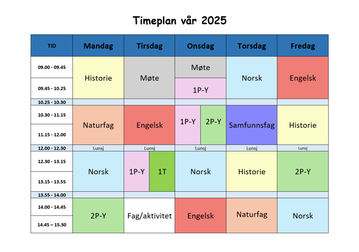 Timeplan på Kirkeveien vgs., våren 2025